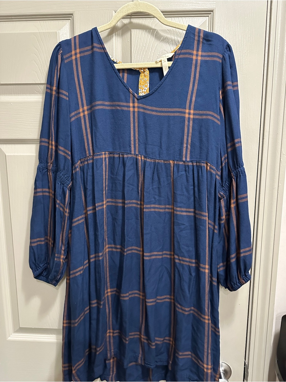 Matilda Jane Blue Plaid Peasant Dress with Rust Accents